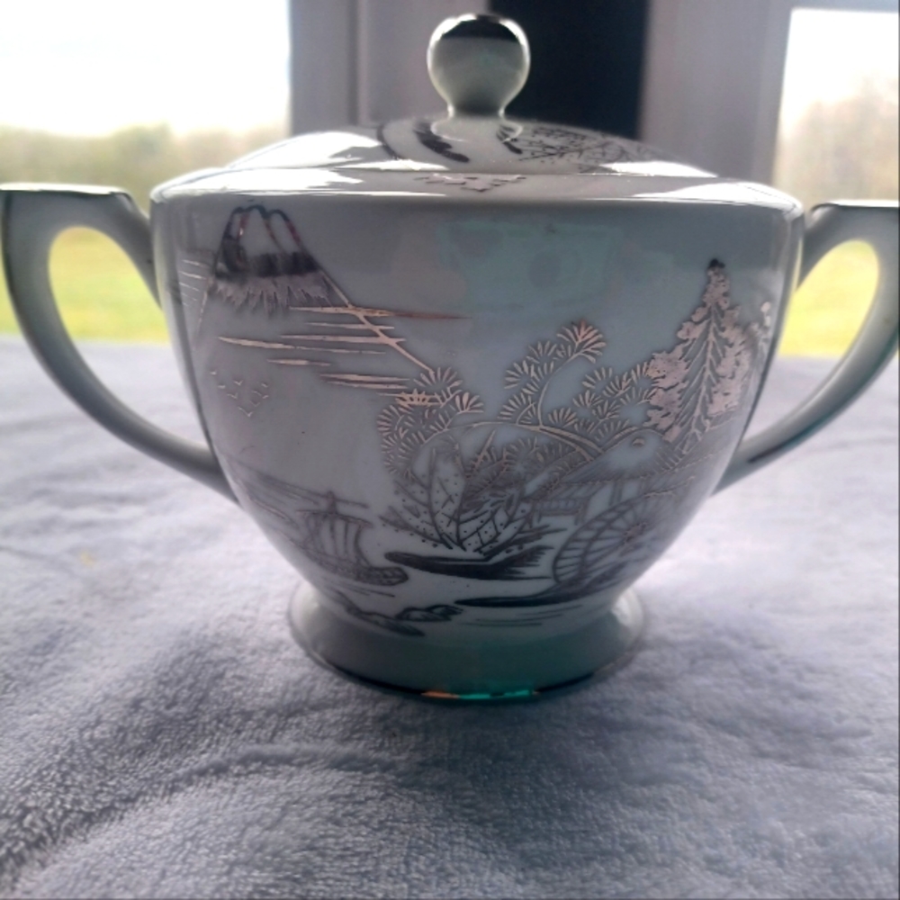 Vintage 1950's Kutani Japanese Eggshell porcelain Mt. Fuji Sugar Bowl